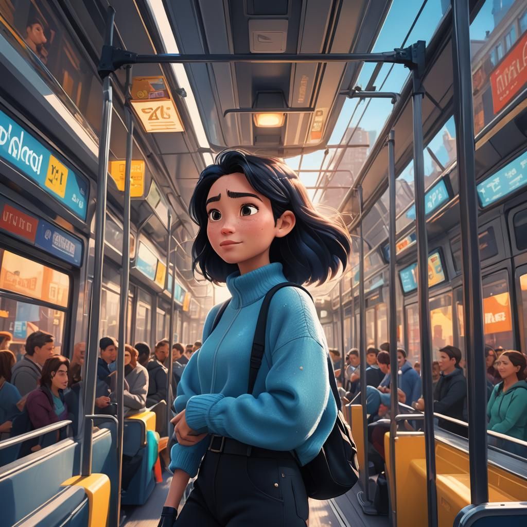 Girl on Tram in Pixar Style 3D Art
