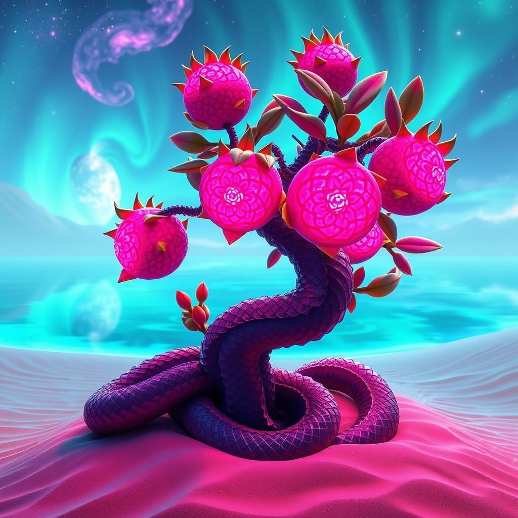 Surreal Bonsai Oasis with Iridescent Dragonfruits and Cosmic...