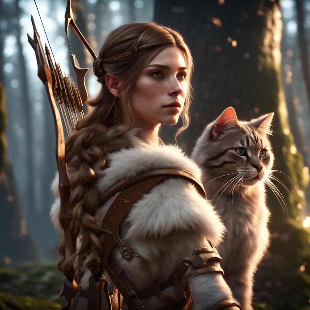 Woodland Elf with Cat in 3D Game Style