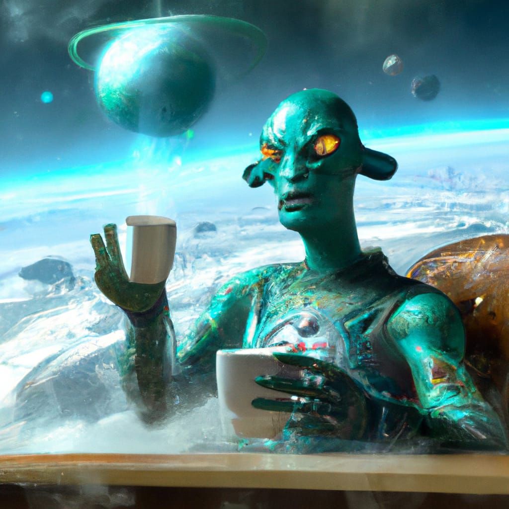 Alien Sipping Coffee in Space, Digital Painting