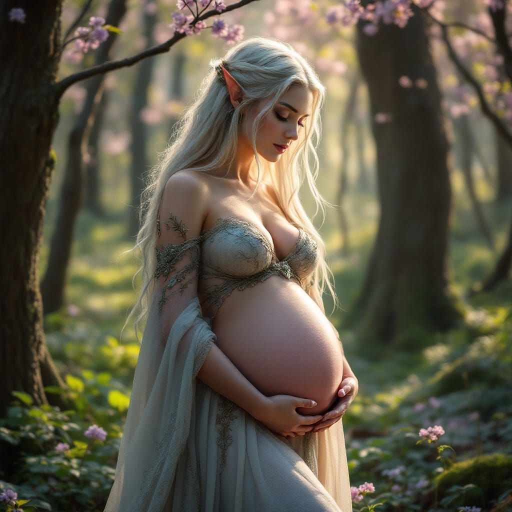 Pregnant Elven Woman in Spring Forest