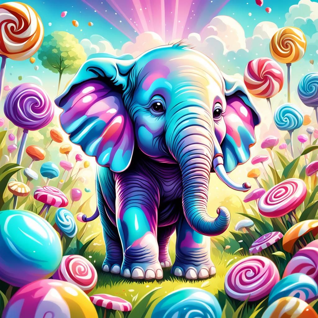 Cute Elephant in Candy Art Style Meadow