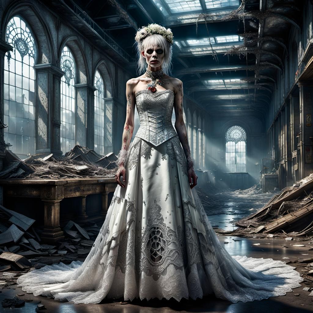 Cyberpunk Zombie Bride in Apocalyptic Wasteland