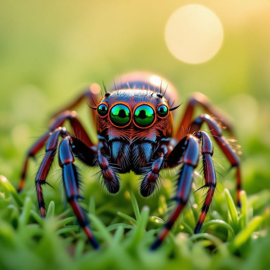 Red Spider and Black Ant on Grass, Macro Photography