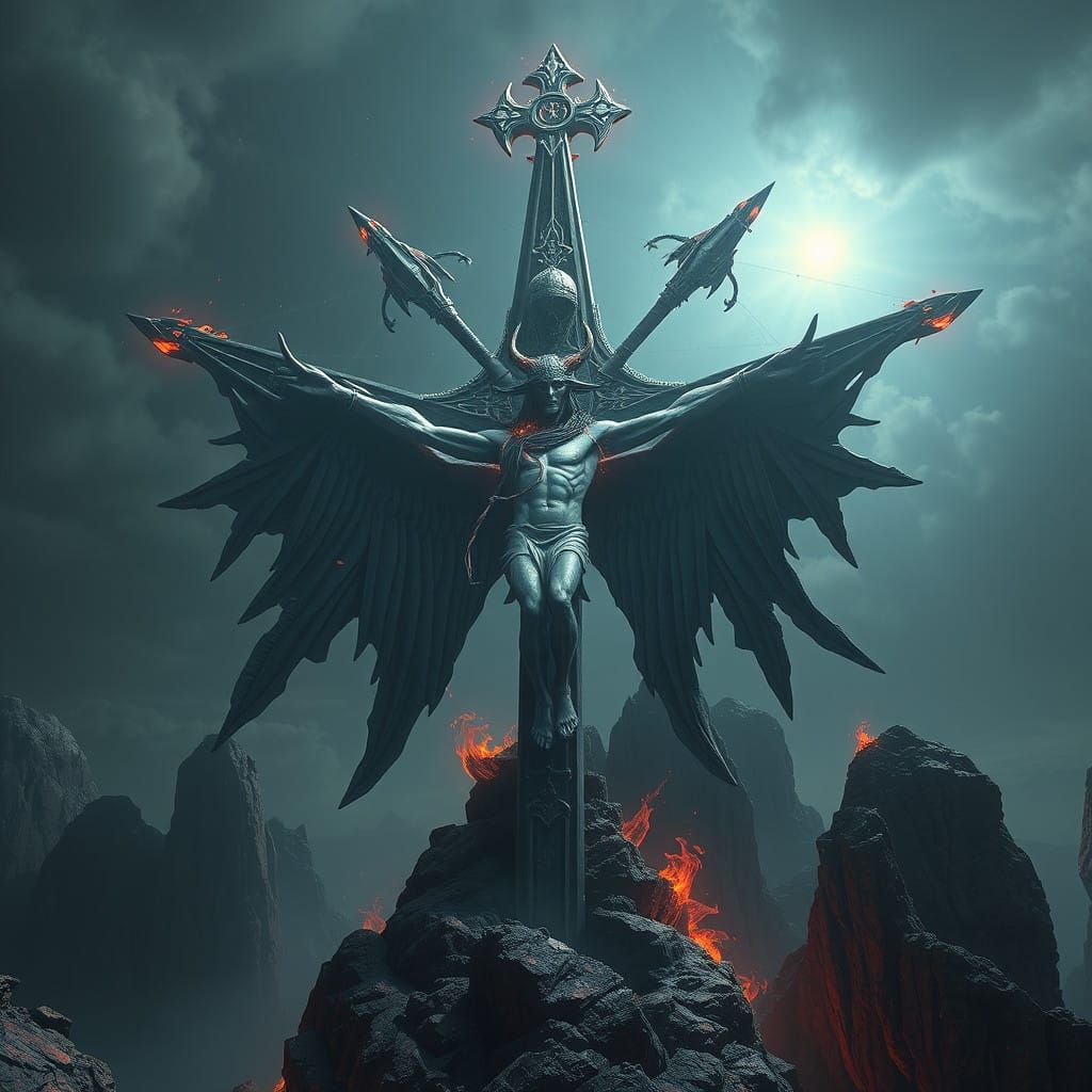 Surreal Lovecraftian Crucifixion Scene in Detailed Matte Pai...