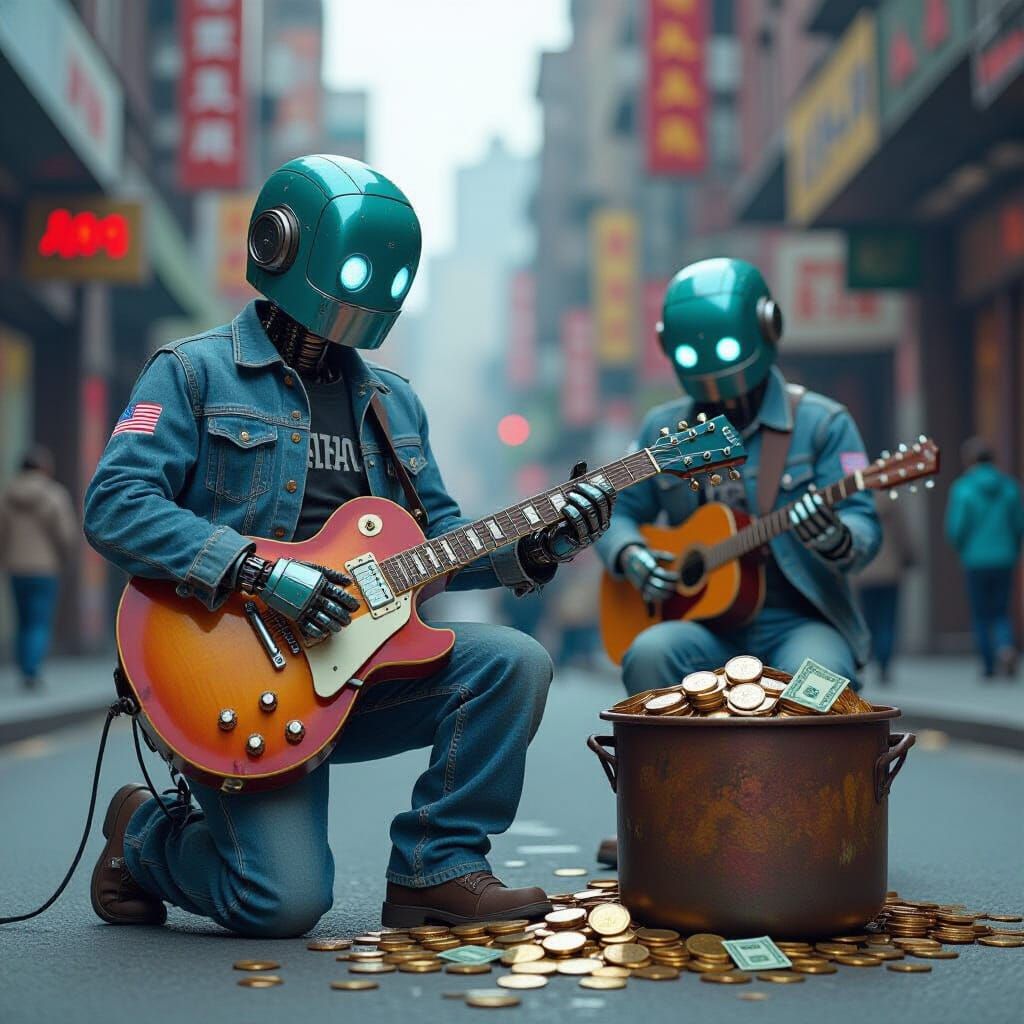 Robots Busking in Neon Cityscape as Digital Art