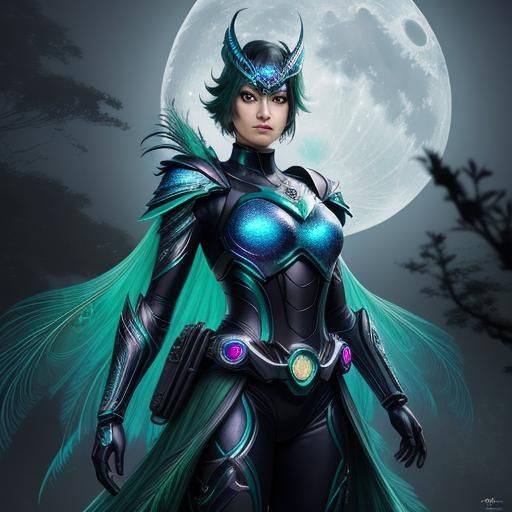 Peacock Heroine in Moonlit Forest: Digital Concept Art