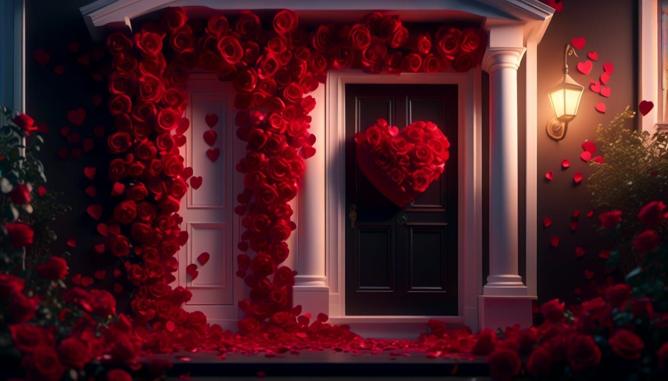 Heart-Shaped Roses and Love Letter on Door