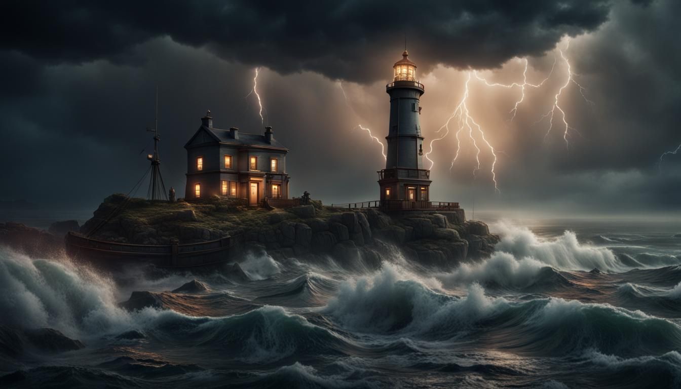 Lighthouse and Ship in Stormy Lake: Matte Painting