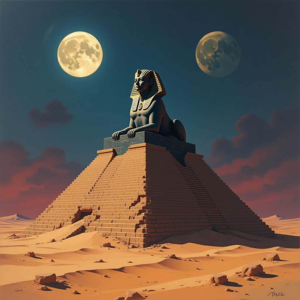 Obsidian Sphinx in Post-Apocalyptic Desert, Expressionist Im...