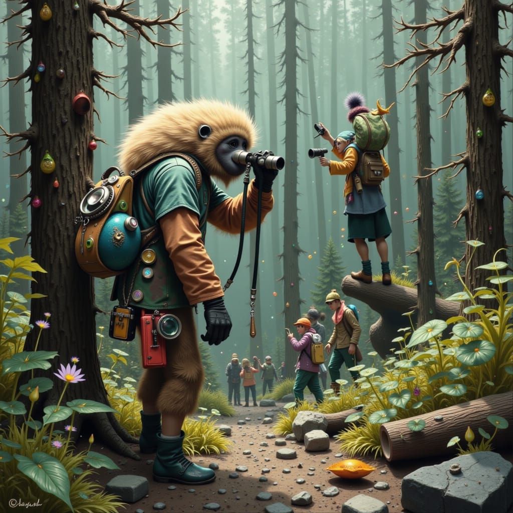 Whimsical Sasquatch Watching People with Binoculars