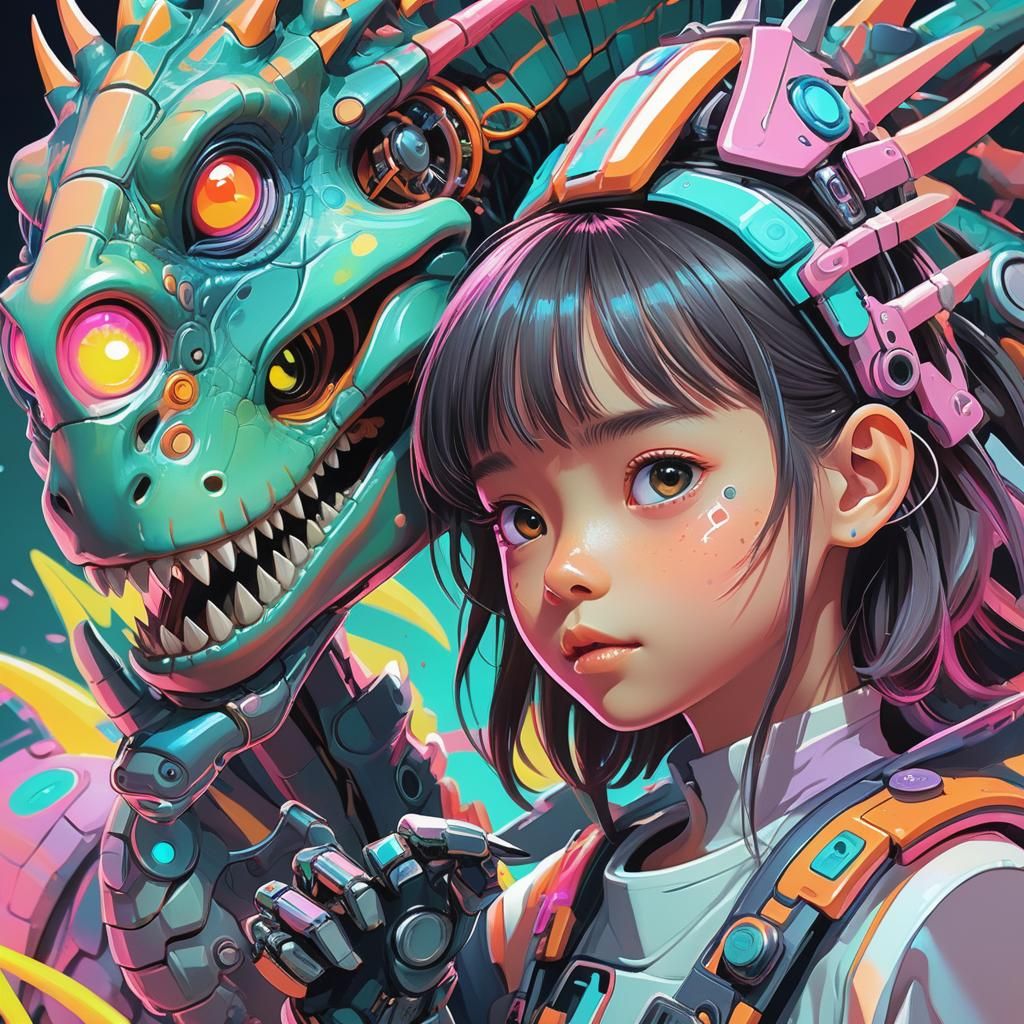 Girl Repairs Cyborg Dinosaur in Manga Style