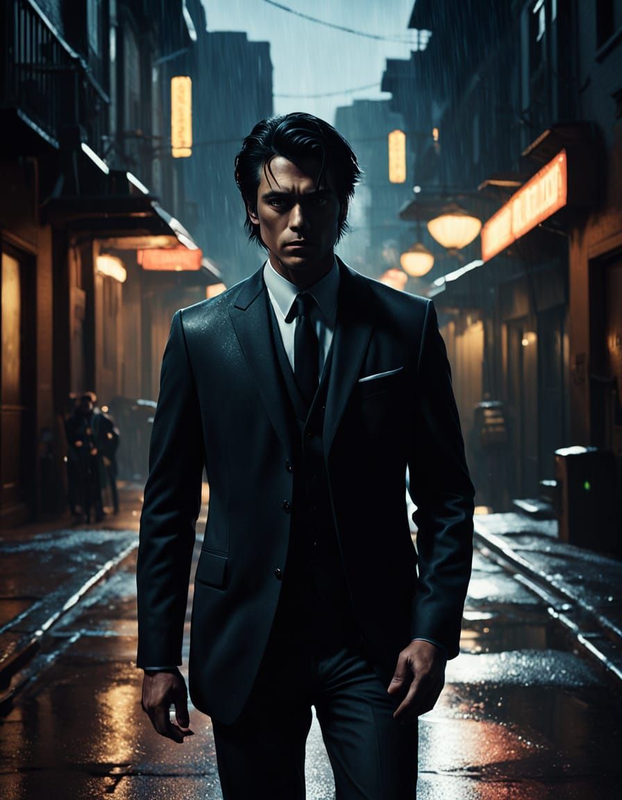 Charming Man in Suit on Rainy Night Street