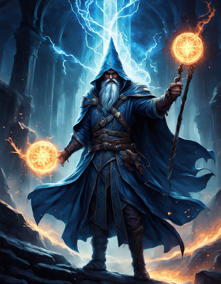 Menacing Wizard and Adventurers Around Palantír