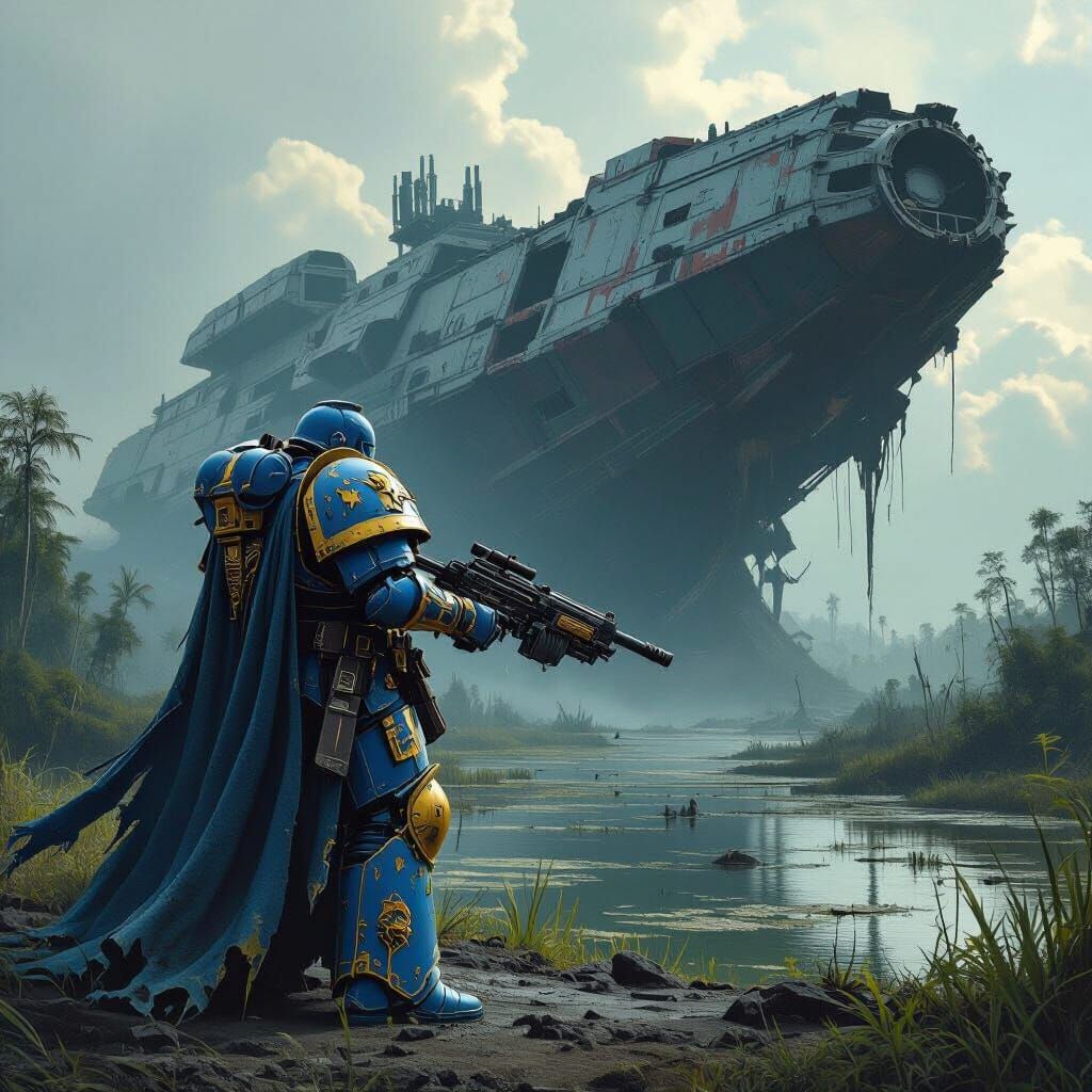 Space Marine Guarding Spaceship Wreck in Alien Swamp