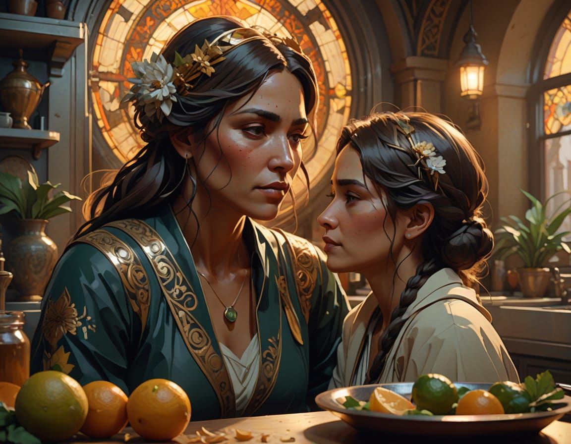 Latina Mother and Daughter Portrait in Digital Art Style