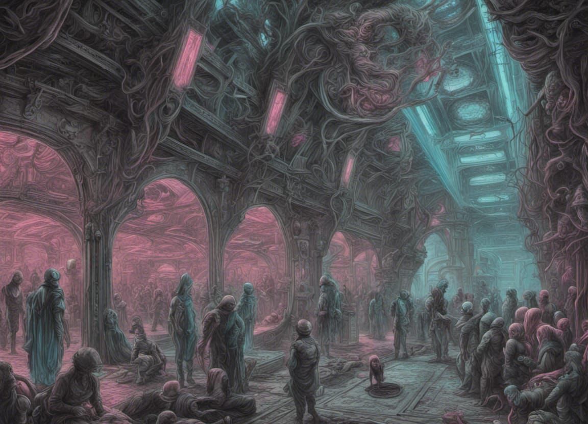 Alien Bazaar on Organic Space Station in Retro Horror Style