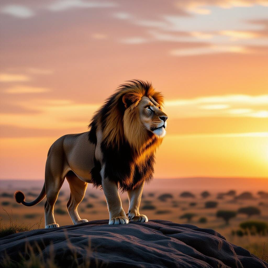 Majestic Lion at Sunrise Over Savanna
