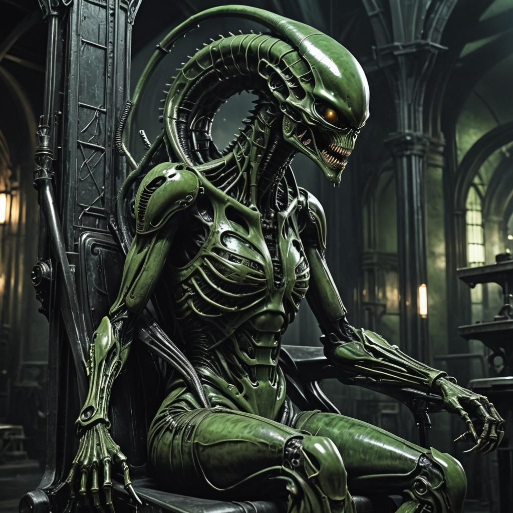 Surreal Xenomorph Demon in Industrial Cathedral