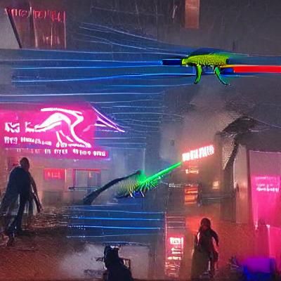 Dinosaurs vs Aliens in Cyberpunk Neon City