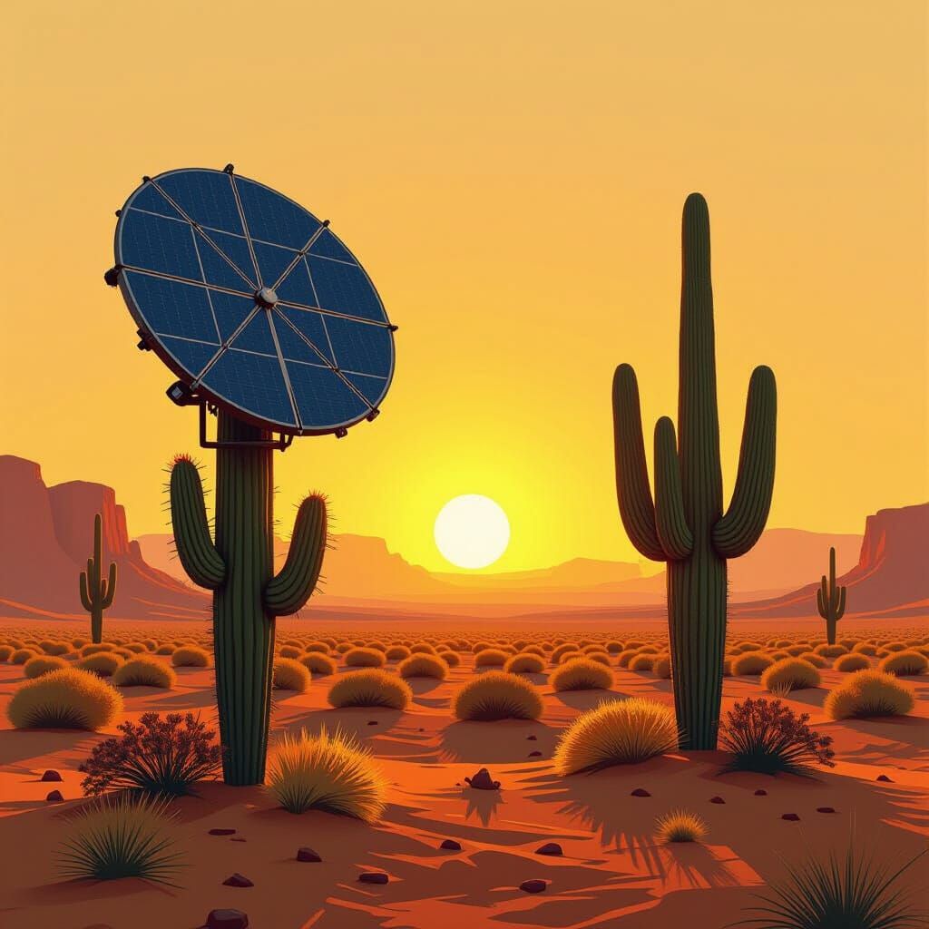 Desert Cactus with Solar Panels at Sunset