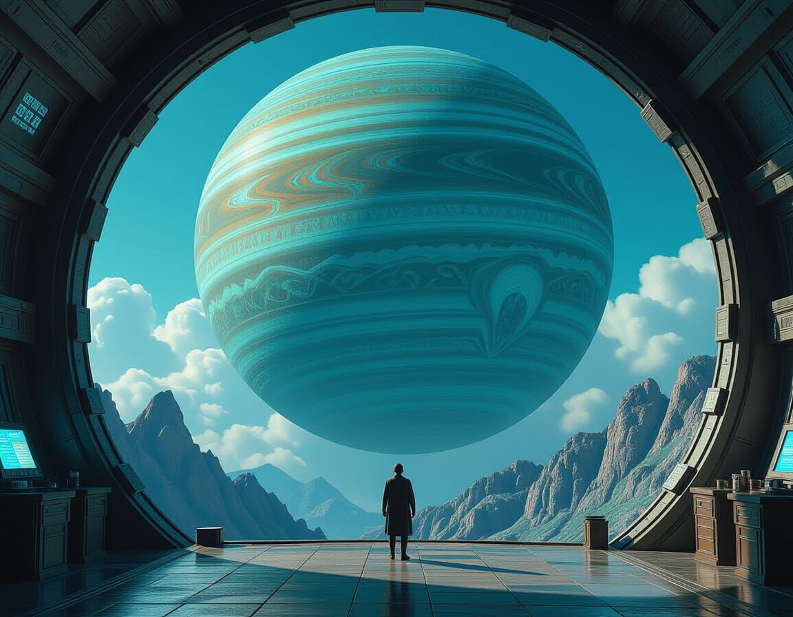 Giant Planet Over Spaceship Basement in Matte Painting Style