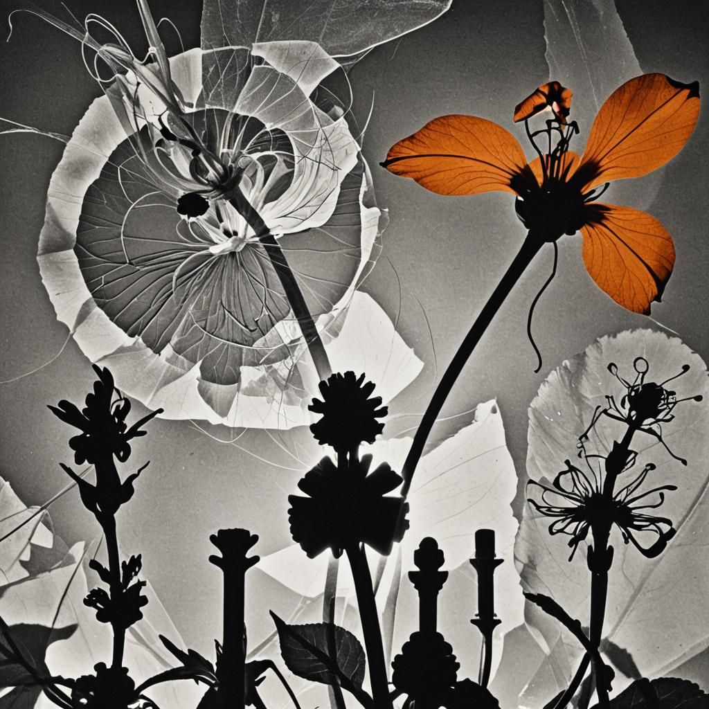 Ethereal Black and White Photogram of Flower and Metal