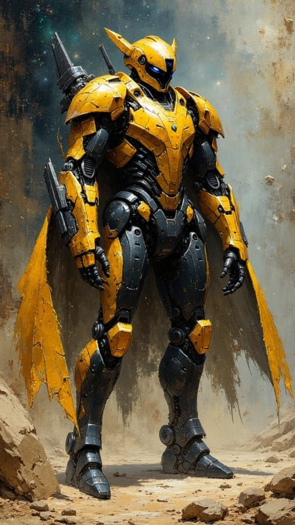 Heroic Gold and Black Mecha with Holographic Sheen