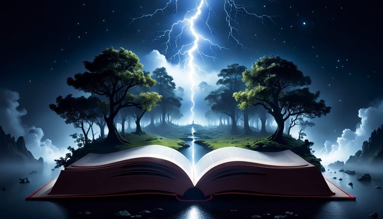 Surreal Fantasy Realm Carved into an Open Book in Realism St...