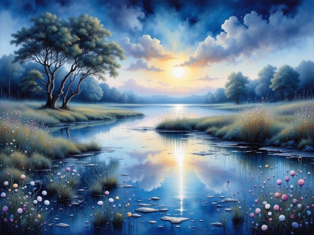 Moonlit Meadow: Fluid Art Crescent Moon Reflection