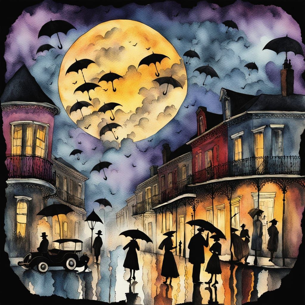 Whimsical Vintage Street Scene in a Thunderstorm