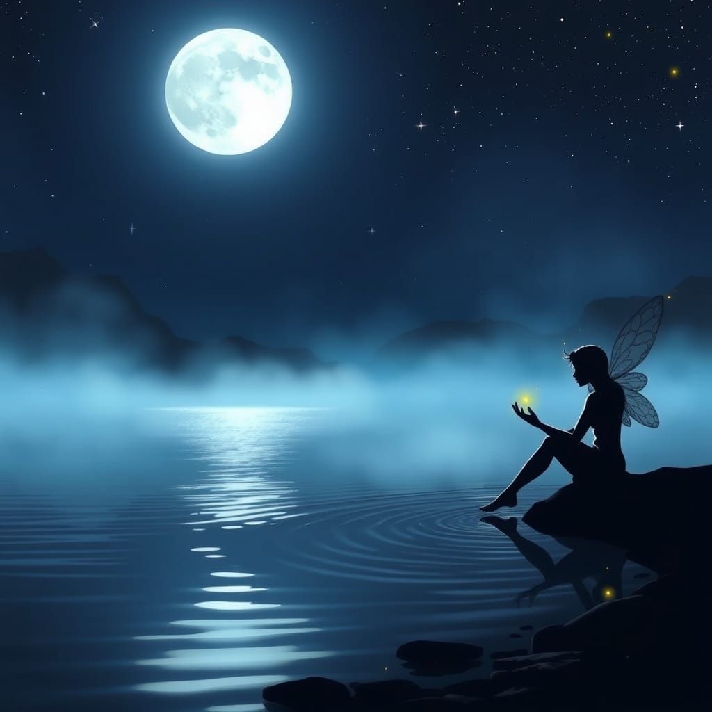 Fairy Under Moonlit River in Dreamlike Serenity