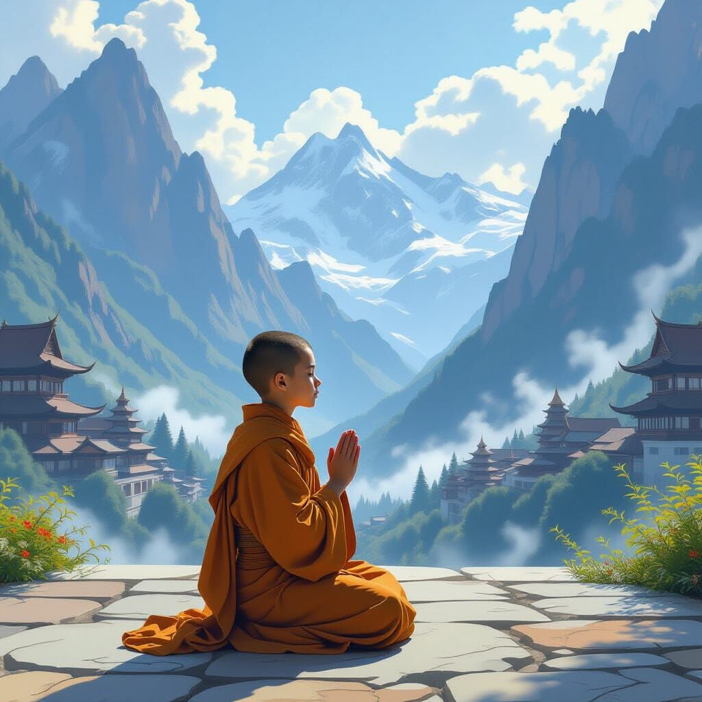 Monk Boy Praying in Mountain Monastery