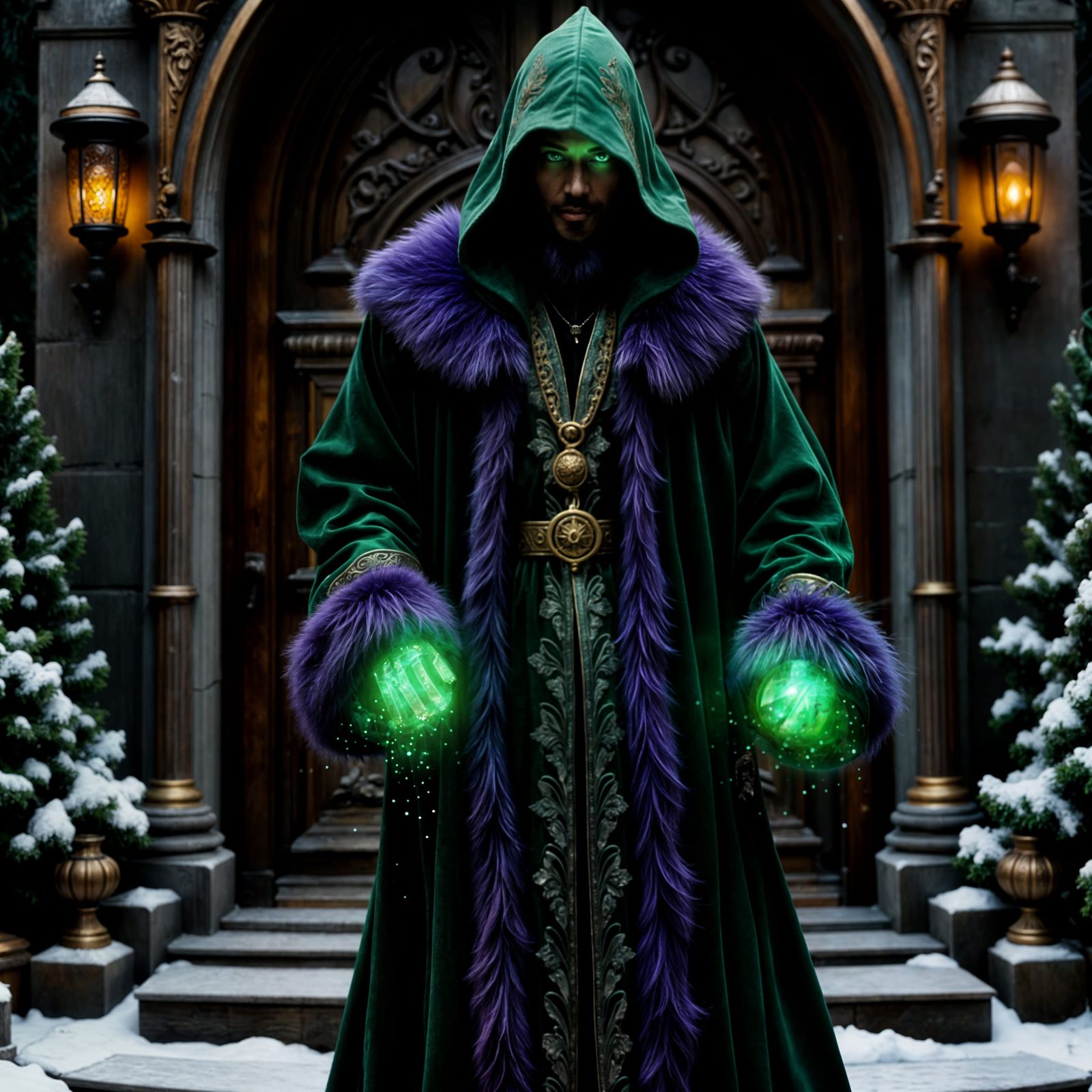 Fantasy Sorcerer in Emerald Robes Before Carved Door