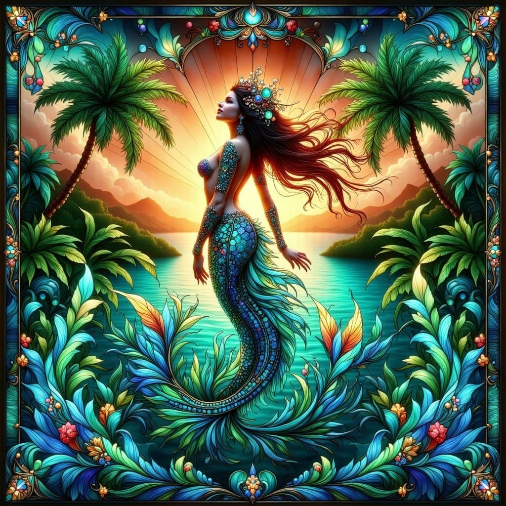 Mermaid in Caribbean Scene as Indonesian Batik Art