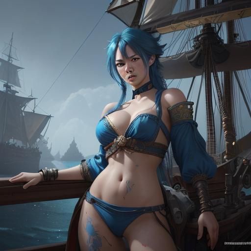 Blue-Haired Pirate Queen: Hyperdetailed Concept Art