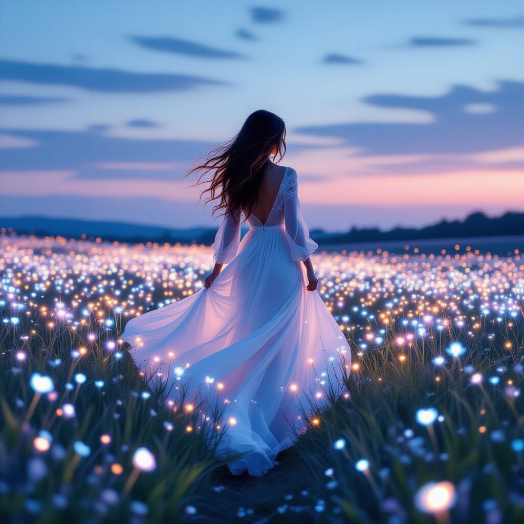 Bioluminescent Twilight: Woman in a Field of Flowers