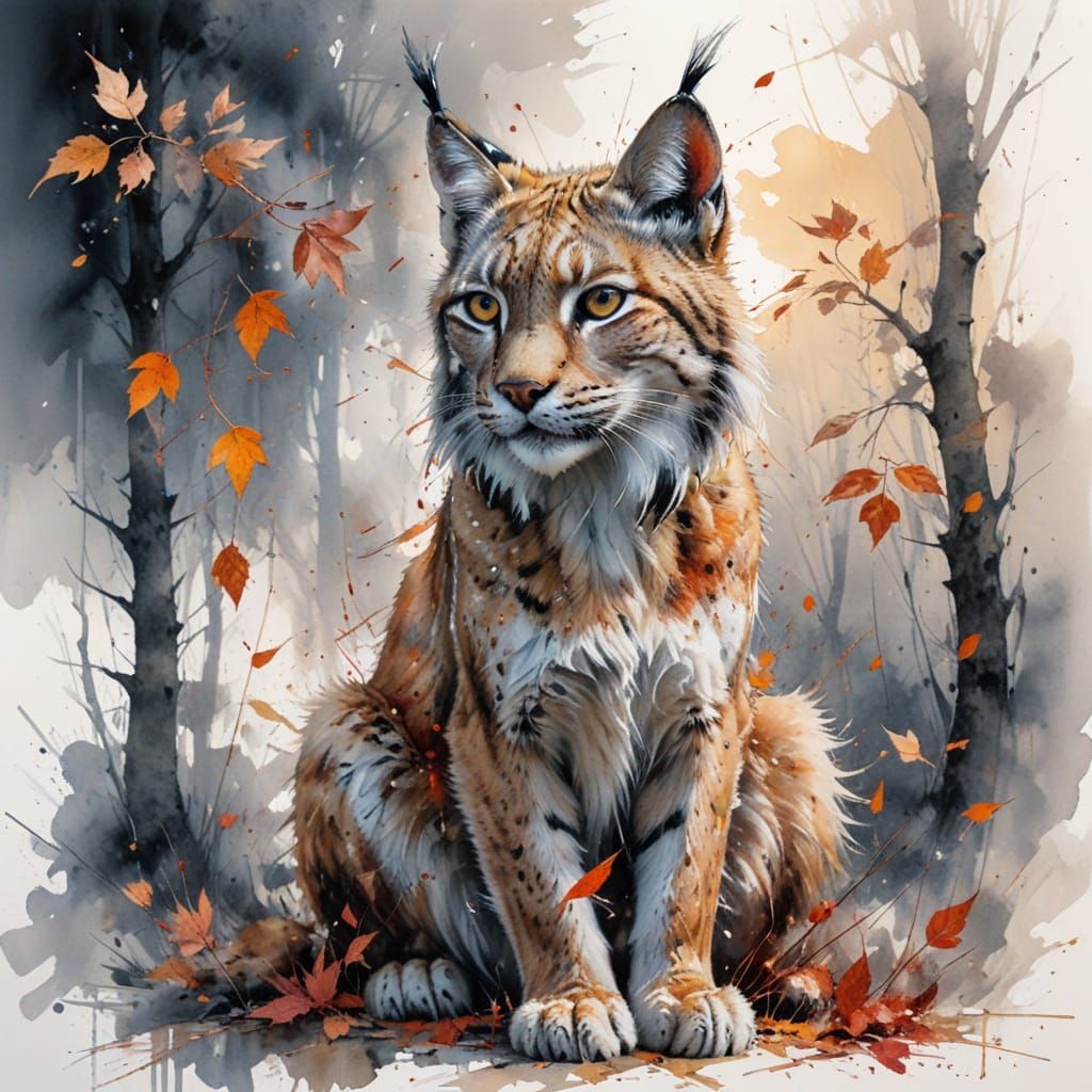 Lynx in Autumn Forest: Hyperrealistic Copper-Crimson Scene