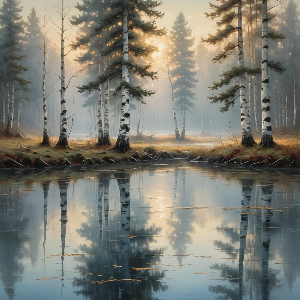 Misty Winter Reflection: A Landscape Painting
