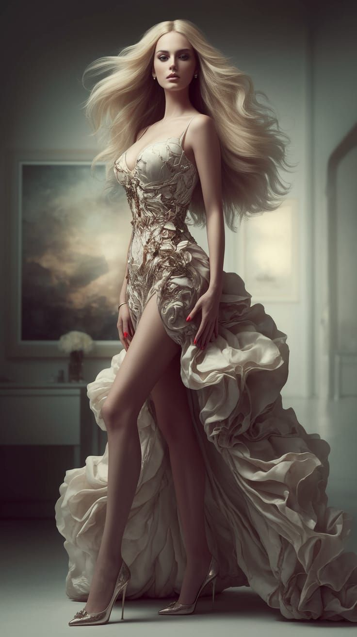 Elegant Woman in Surrealist Art Gallery