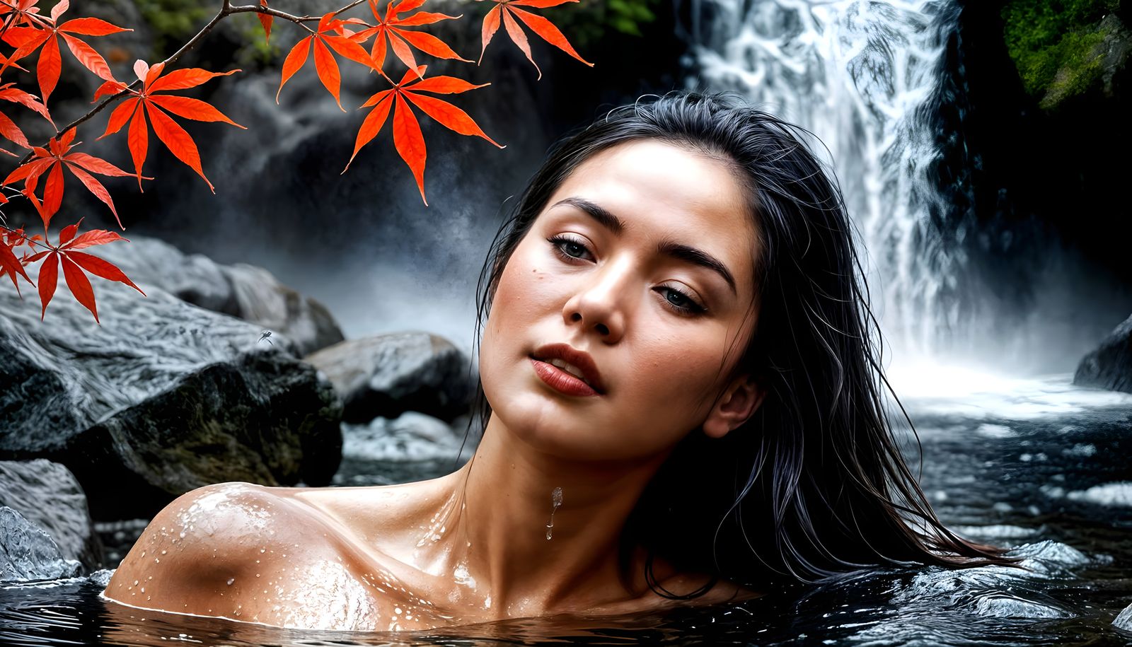 Gorgeous Woman Bathing Under Waterfall in Bold Sumi-e Style
