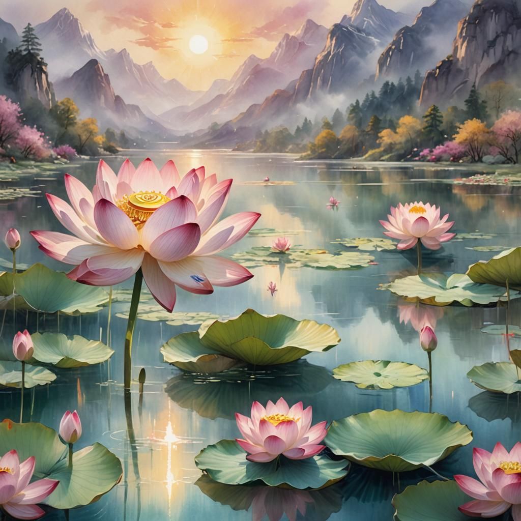 Lotus Flower Fantasy in Chinese Watercolor Style