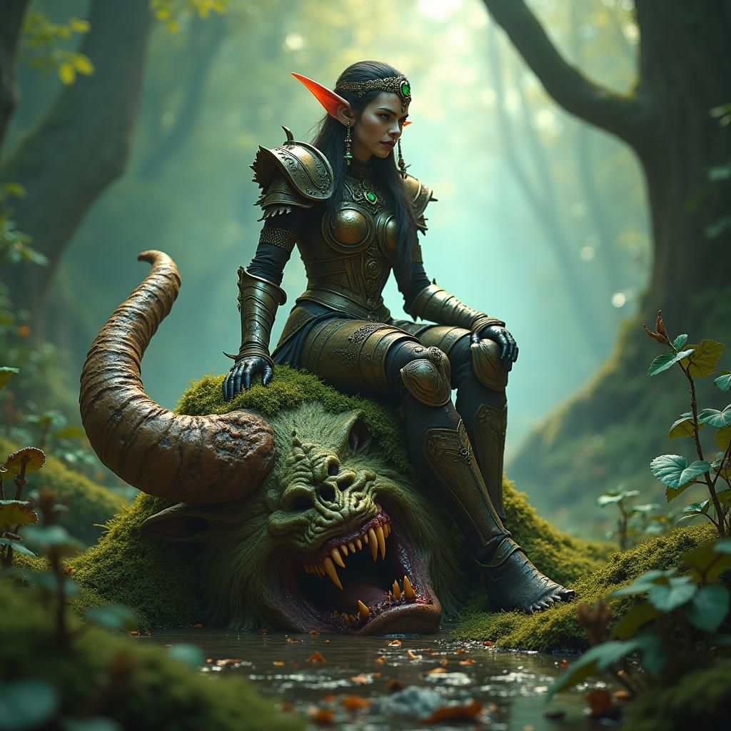 Elf Queen Triumphant on Troll Head in Lush Forest