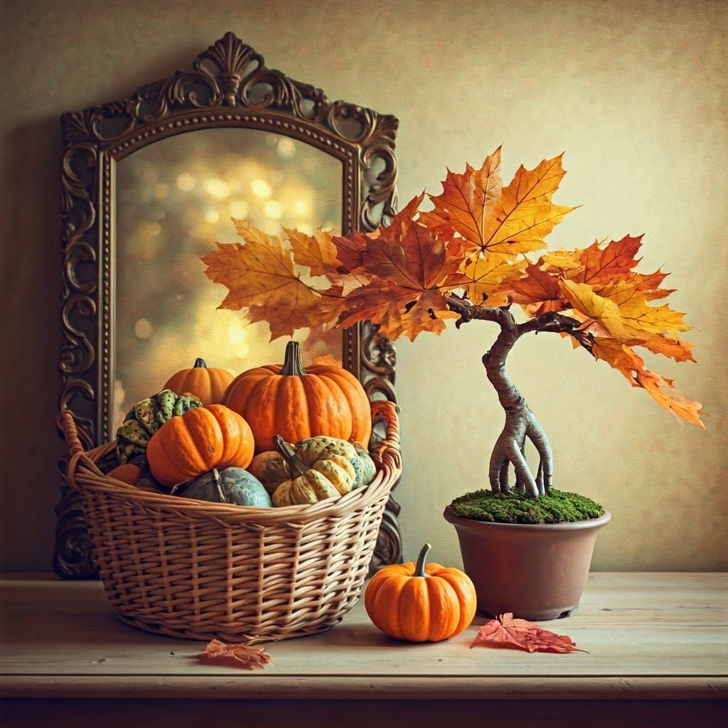 Autumn Still Life with Gourds and Bonsai in Watercolor