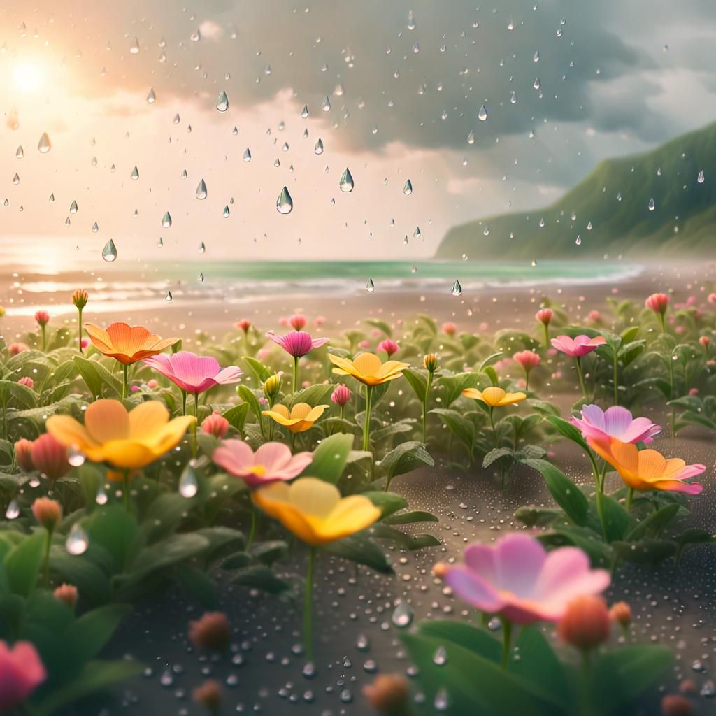 Rainy Beach with Flowers in Hyper-Realistic Style