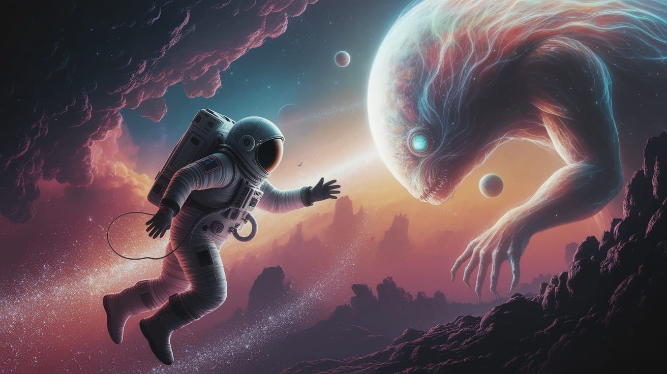 Astronaut Drifting Through Nebula: Digital Matte Painting