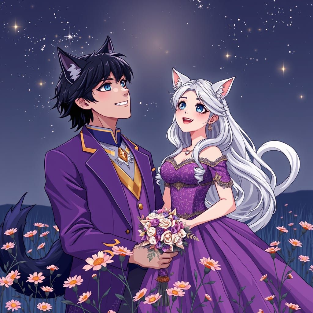 Cute Anime Couple Stares at Stars in Field of Wildflowers