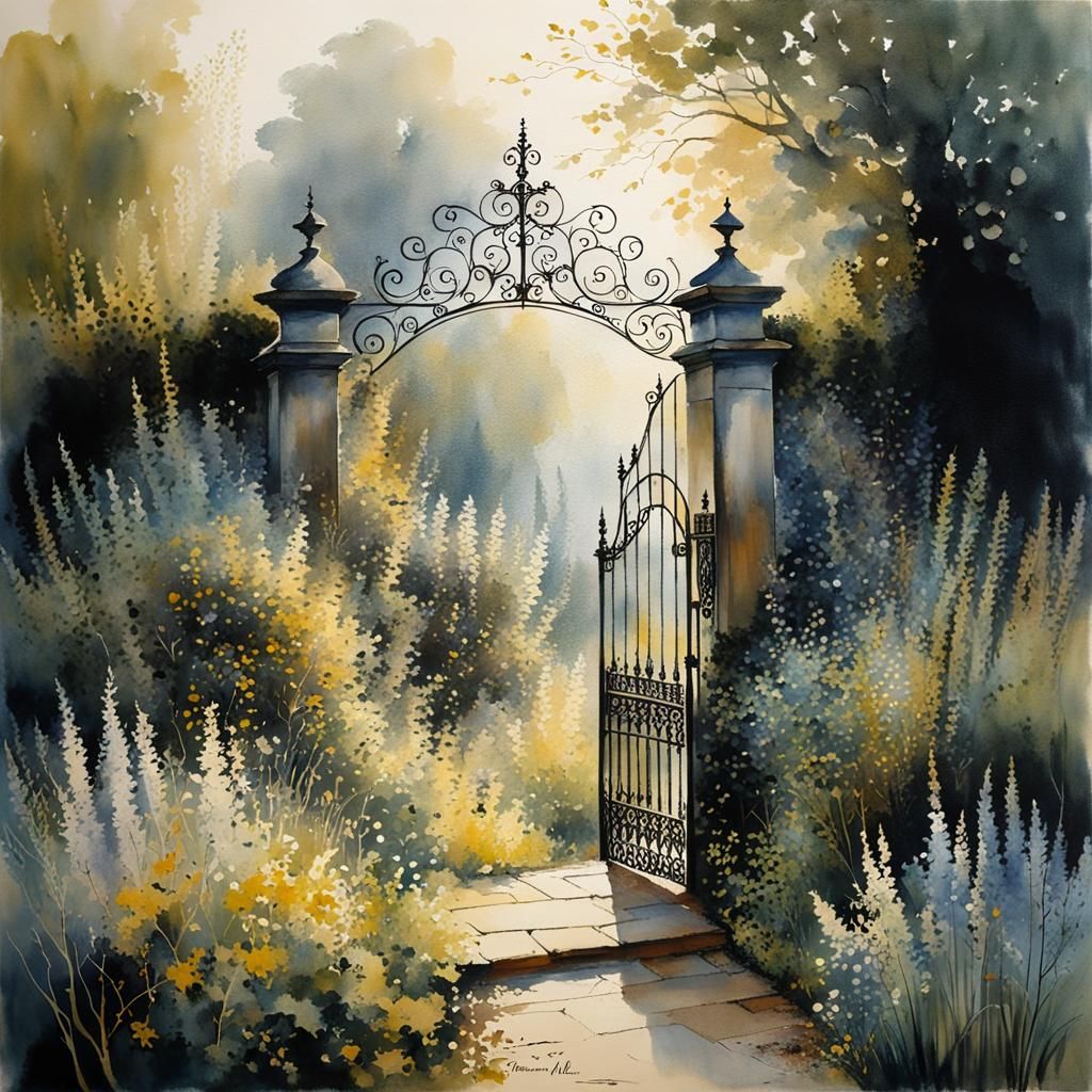 Garden Gate in Evening Haze: Watercolor Painting