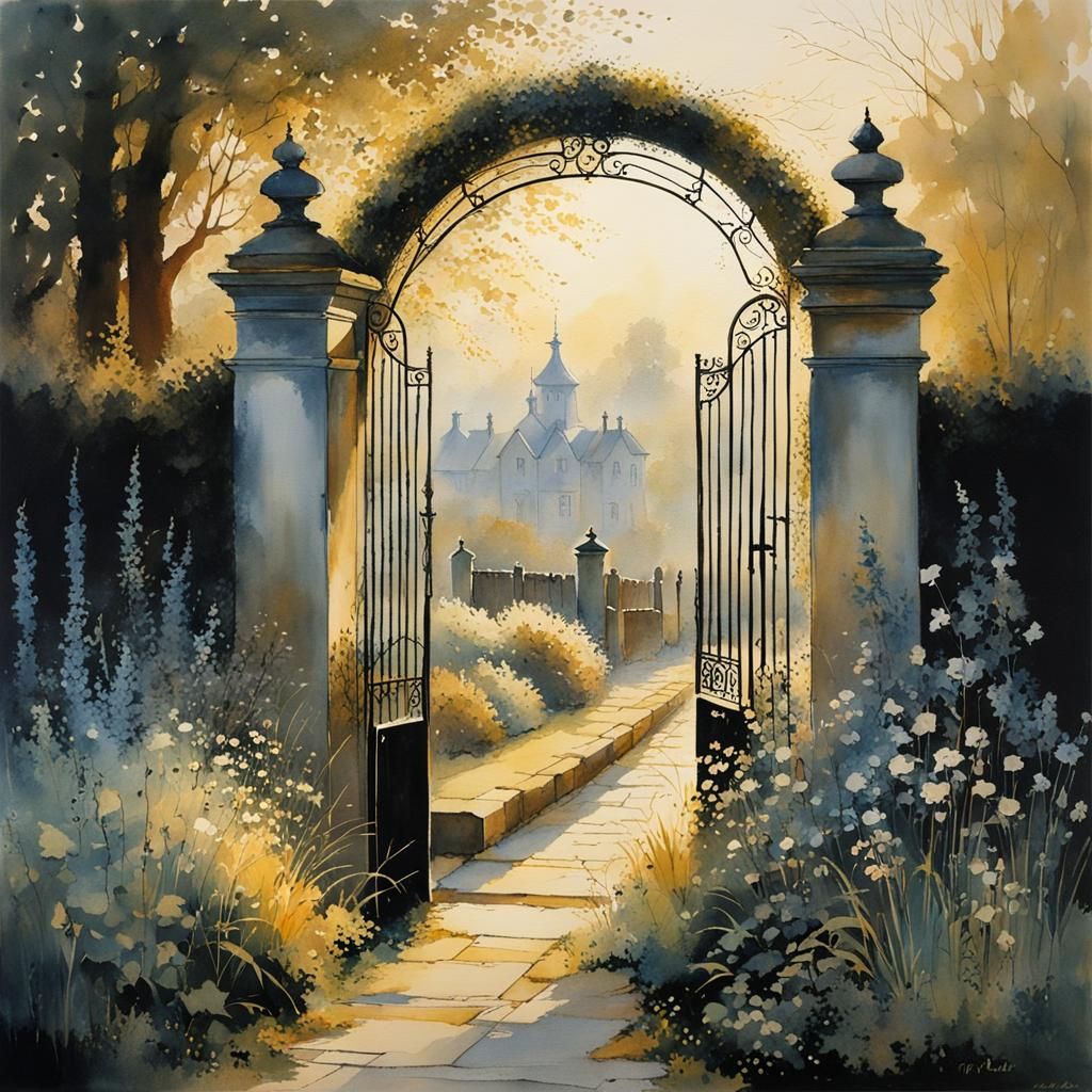 Garden Gate in Evening Haze Watercolor