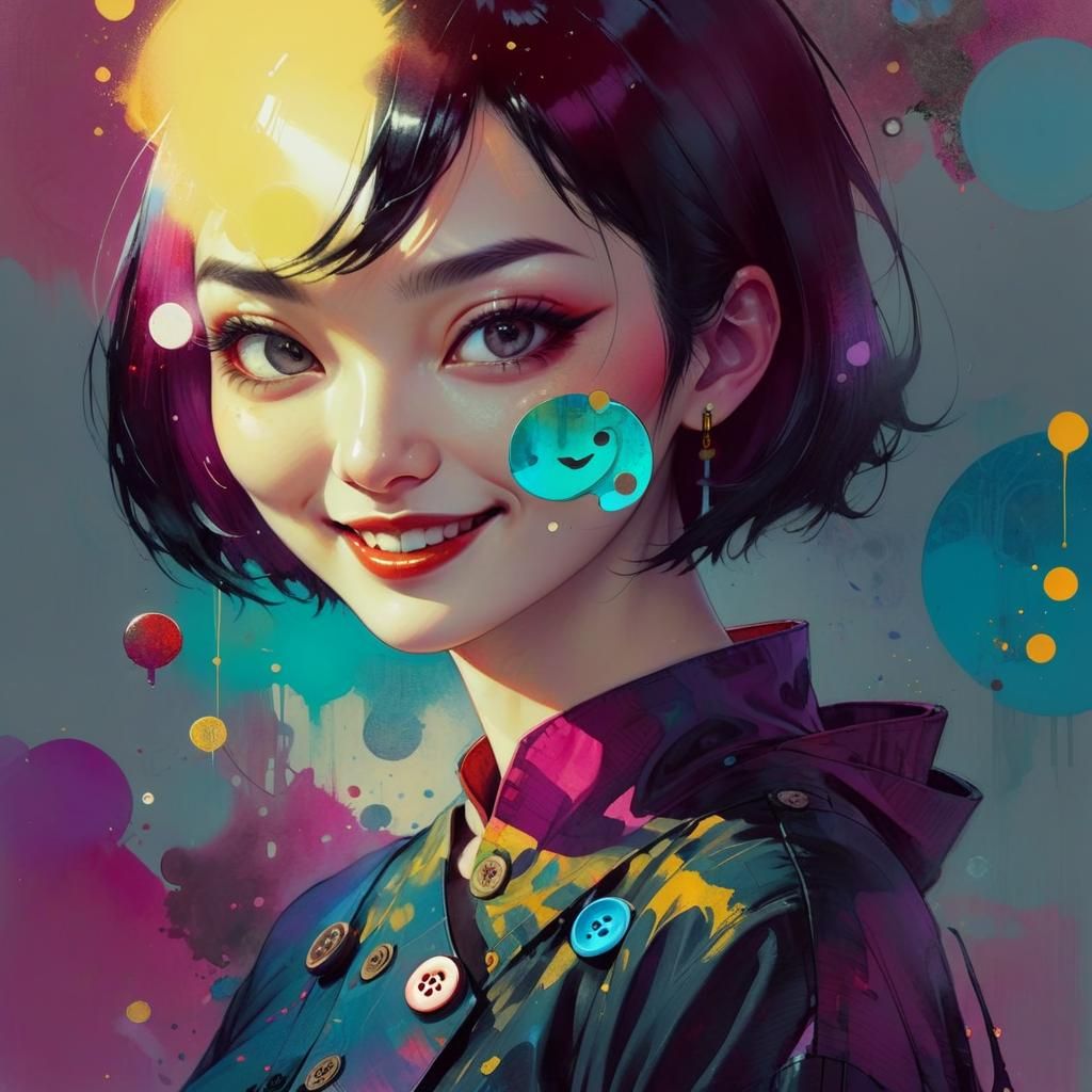 Girl with Round Face in Watercolor Ink Style